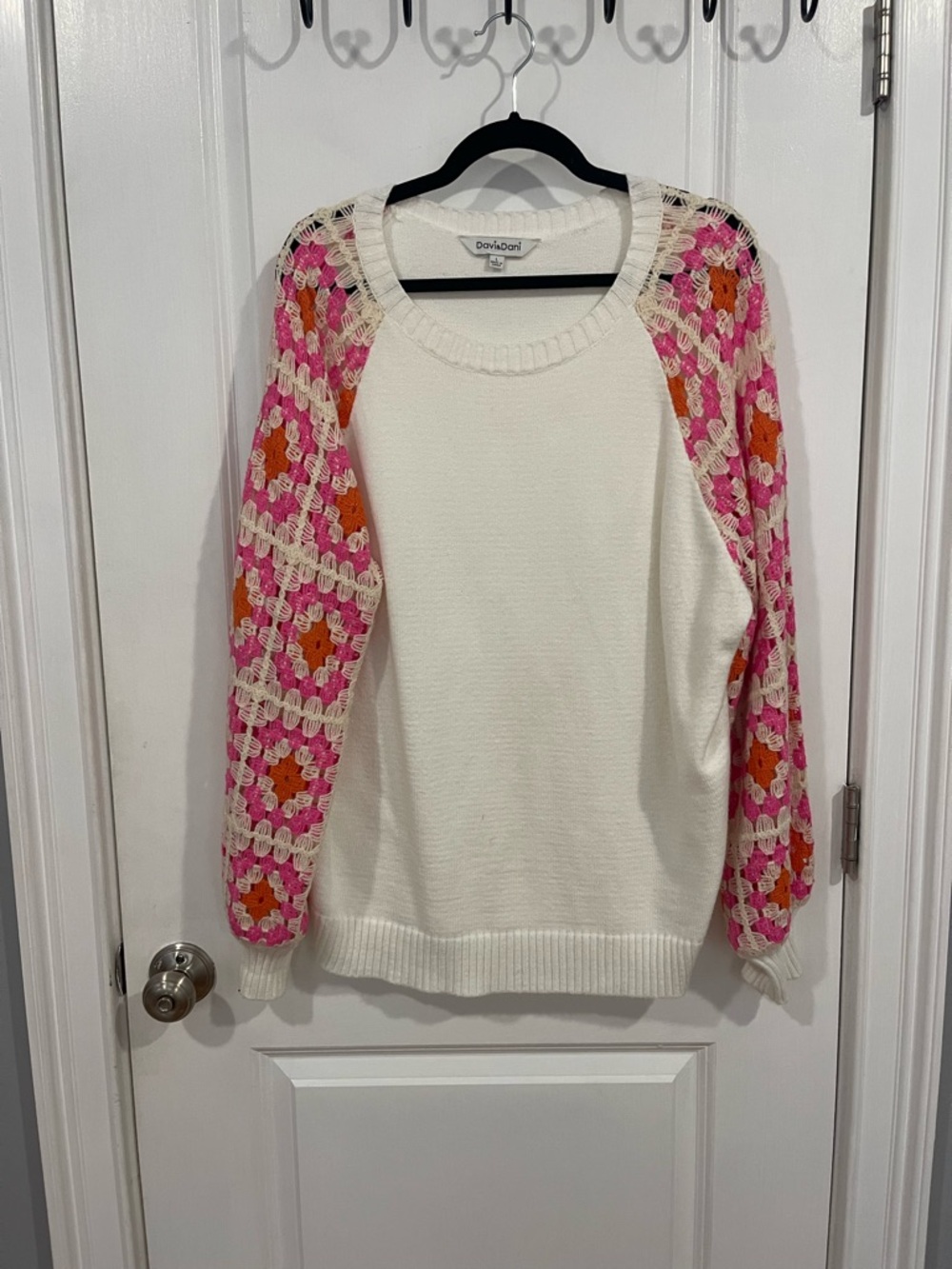 DAVI & DANI Cream Sweater with Pink and Orange Crochet Sleeves